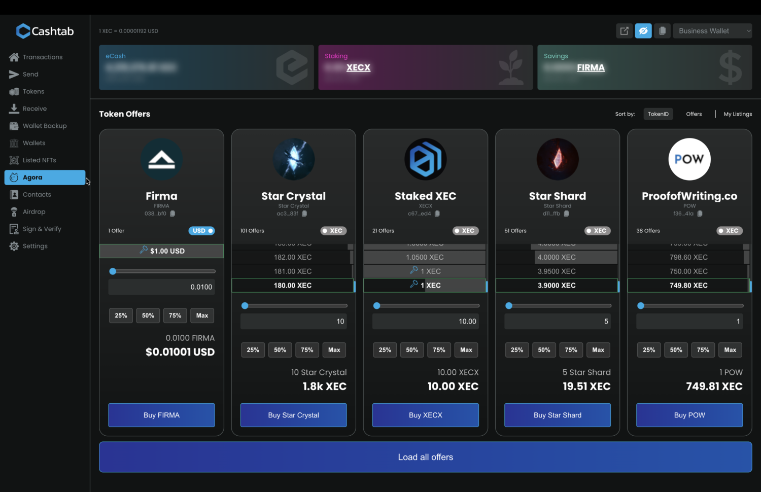 Screenshot of the Agora marketplace in the Cashtab wallet.